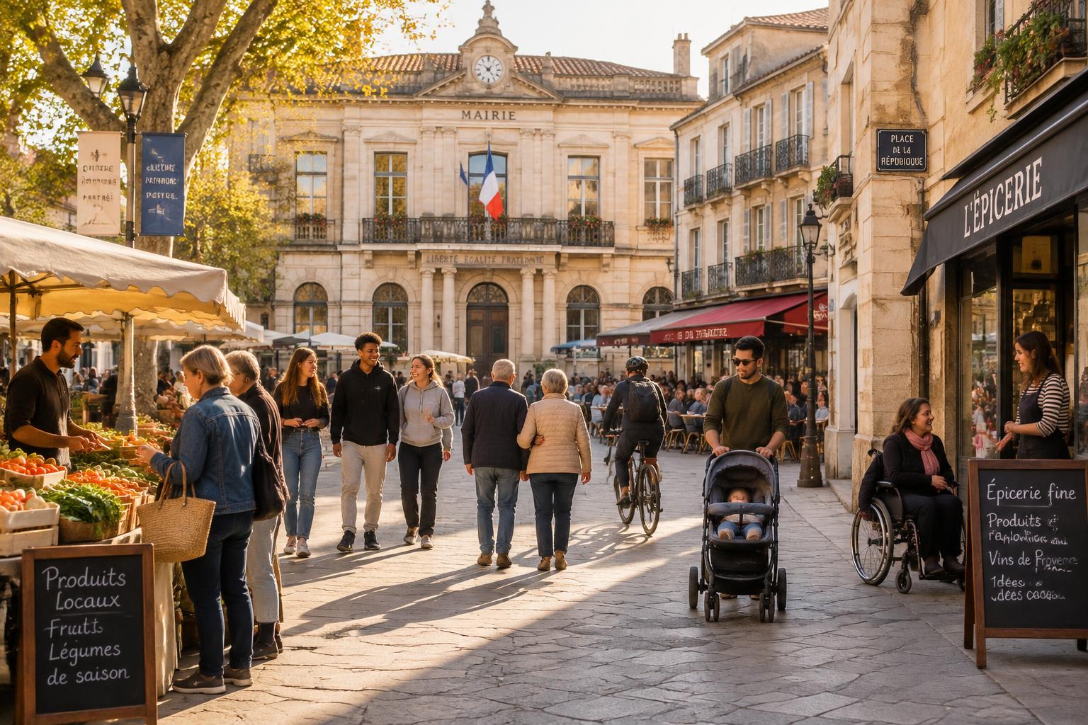 Élus et services municipaux étudiant le plan de leur commune devant la mairie
